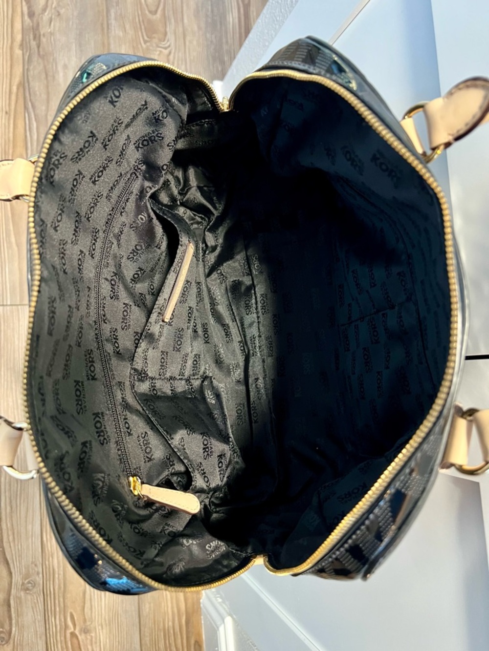 Michael Kors Patent Leather MK Monogram Dome Satchel with Cream Handles - Picture 7 of 12